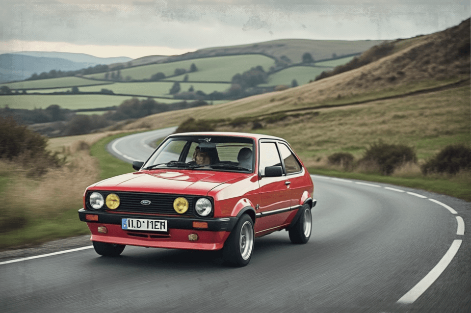 An AI generated red Ford Fiesta from the 1980s driving on a winding country road. The car has distinctive yellow fog lights and is set against a backdrop of rolling green hills and overcast sky.