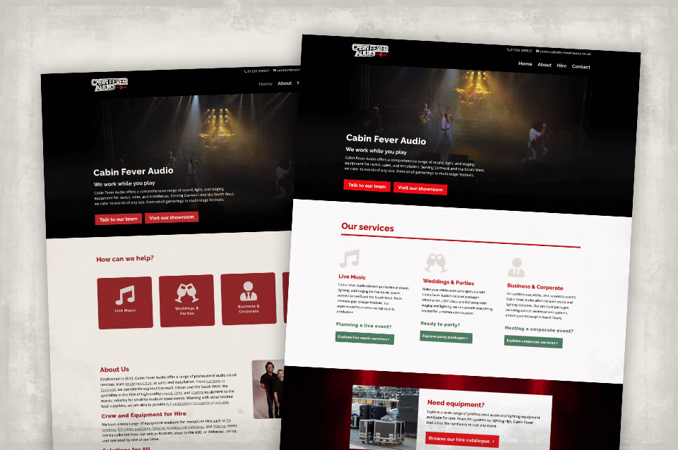 Two screenshots layered on top of each other, at an angle, showing the old and new homepages of the Cabin Fever Audio website.