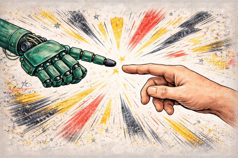 Illustration of a human hand reaching out toward a robotic hand, symbolising the connection between humans and technology.
